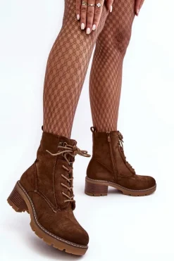 Damskie Botki Na Niskim Obcasie Sznurowane Brązowe Adinail