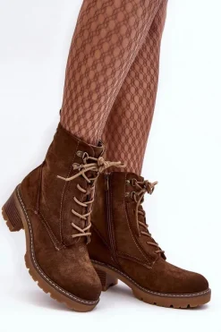 Damskie Botki Na Niskim Obcasie Sznurowane Brązowe Adinail