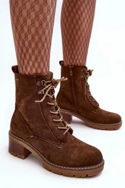 Damskie Botki Na Niskim Obcasie Sznurowane Brązowe Adinail