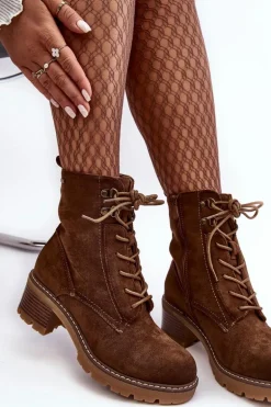 Damskie Botki Na Niskim Obcasie Sznurowane Brązowe Adinail