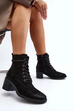 Damskie Botki Na Niskim Obcasie Sznurowane Czarne Serellia