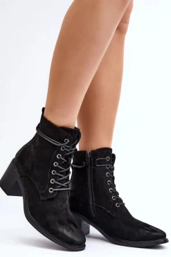 Damskie Botki Na Niskim Obcasie Sznurowane Czarne Serellia