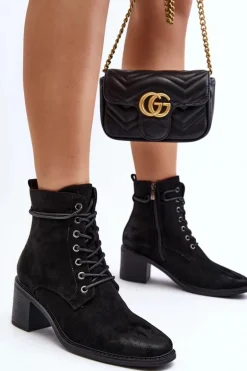 Damskie Botki Na Niskim Obcasie Sznurowane Czarne Serellia