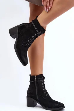 Damskie Botki Na Niskim Obcasie Sznurowane Czarne Serellia