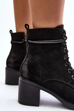 Damskie Botki Na Niskim Obcasie Sznurowane Czarne Serellia