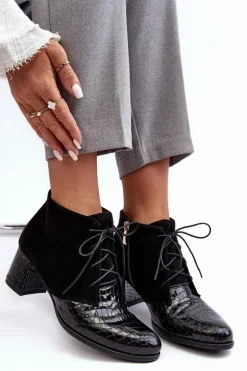 Damskie Botki Na Niskim Słupku Wężowy Wzór Czarne Ebba