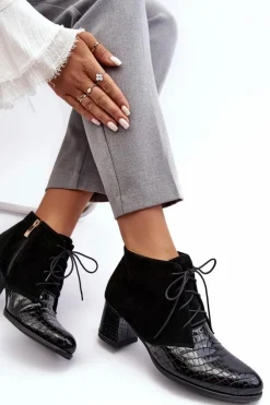 Damskie Botki Na Niskim Słupku Wężowy Wzór Czarne Ebba