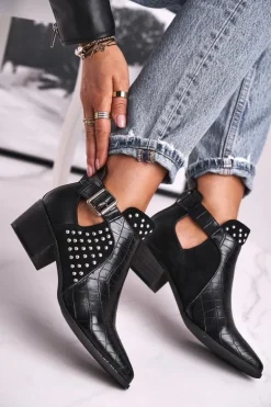 Damskie Botki Na Obcasie Klamra Czarne Rontra