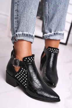 Damskie Botki Na Obcasie Klamra Czarne Rontra