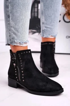 Damskie Botki Na Obcasie Nity Czarne Control