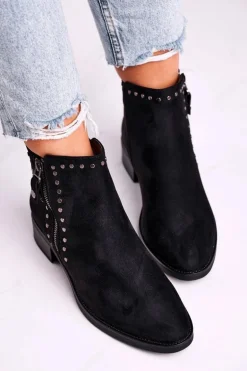 Damskie Botki Na Obcasie Nity Czarne Control