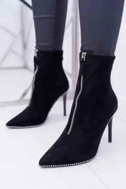 Damskie Botki Na Obcasie Lu Boo Dwa Suwaki Zamszowe Czarne Suzy