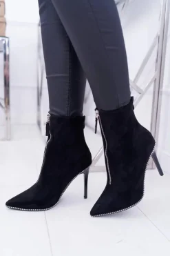 Damskie Botki Na Obcasie Lu Boo Dwa Suwaki Zamszowe Czarne Suzy