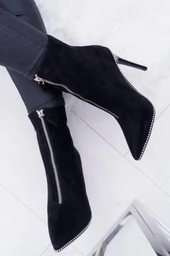 Damskie Botki Na Obcasie Lu Boo Dwa Suwaki Zamszowe Czarne Suzy