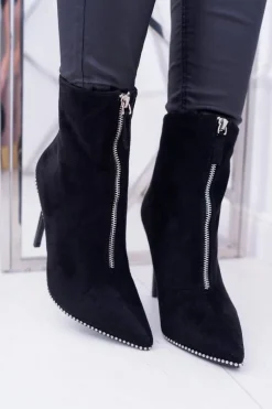 Damskie Botki Na Obcasie Lu Boo Dwa Suwaki Zamszowe Czarne Suzy