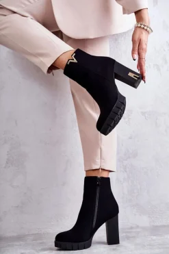 Damskie Botki Na Obcasie Z Ozdobą Czarne Teruko