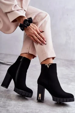 Damskie Botki Na Obcasie Z Ozdobą Czarne Teruko