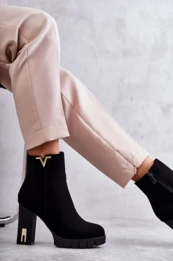 Damskie Botki Na Obcasie Z Ozdobą Czarne Teruko