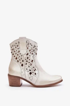 Damskie Botki Na Obcasie Z Ażurowym Wzorem Lewski 3394/2 Złote Przecierane