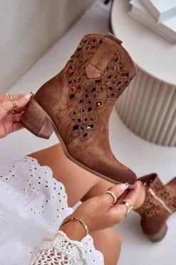 Damskie Botki Na Obcasie Z Ażurowym Wzorem Lewski 3394/2 Brązowe
