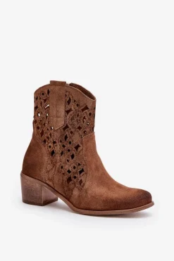 Damskie Botki Na Obcasie Z Ażurowym Wzorem Lewski 3394/2 Brązowe