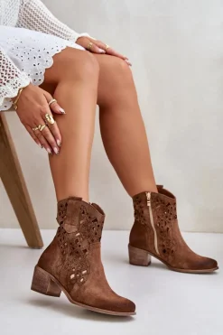 Damskie Botki Na Obcasie Z Ażurowym Wzorem Lewski 3394/2 Brązowe