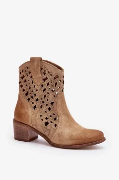 Damskie Botki Na Obcasie Z Ażurowym Wzorem Lewski 3394/2 Beżowe