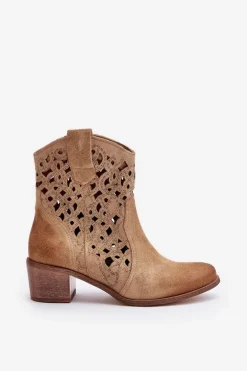 Damskie Botki Na Obcasie Z Ażurowym Wzorem Lewski 3394/2 Beżowe
