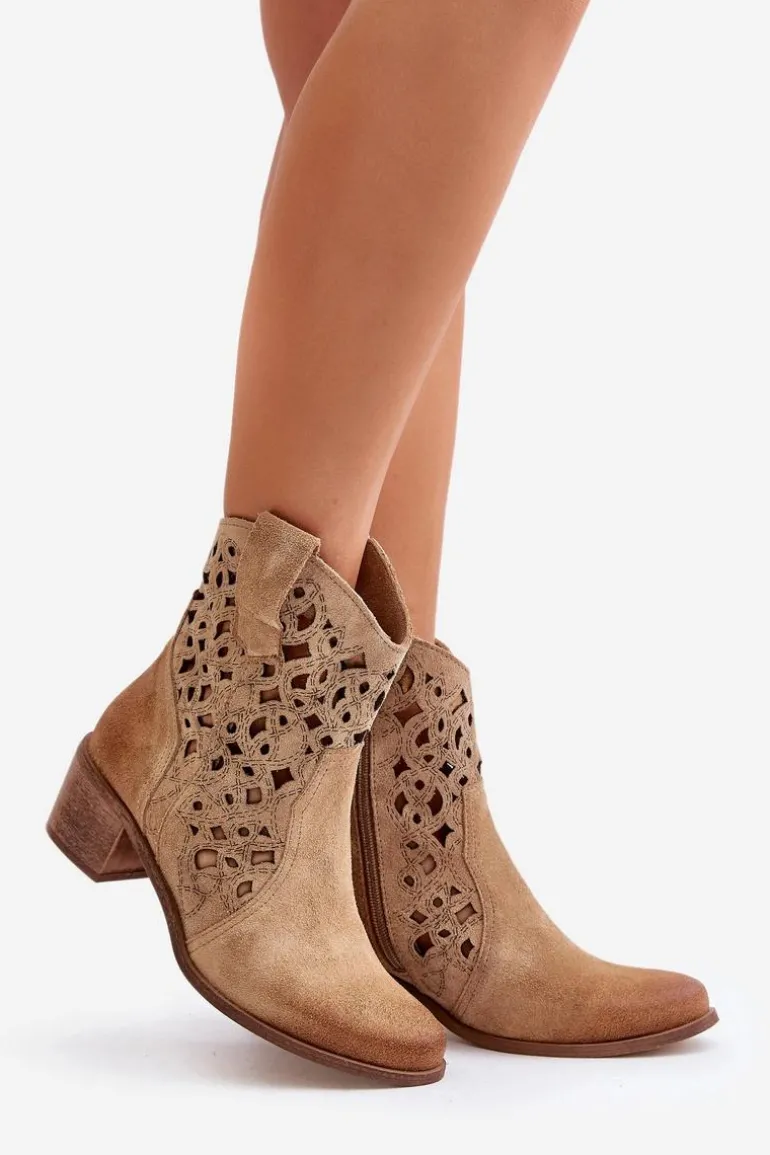 Damskie Botki Na Obcasie Z Ażurowym Wzorem Lewski 3394/2 Beżowe