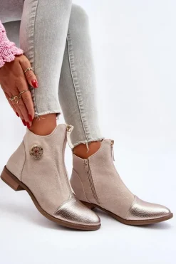 Damskie Botki Na Płaskim Obcasie Z Zamkiem Beżowe Loratie