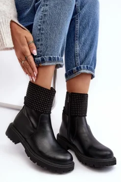 Damskie Botki Na Płaskim Obcasie Ze Zdobieniem Czarne Zanidite