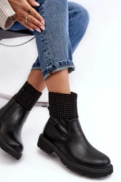 Damskie Botki Na Płaskim Obcasie Ze Zdobieniem Czarne Zanidite