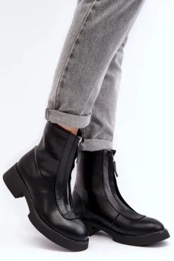 Damskie Botki Na Płaskim Obcasie Z Suwakiem Czarne Elkasa