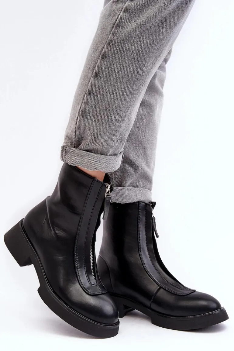 Damskie Botki Na Płaskim Obcasie Z Suwakiem Czarne Elkasa