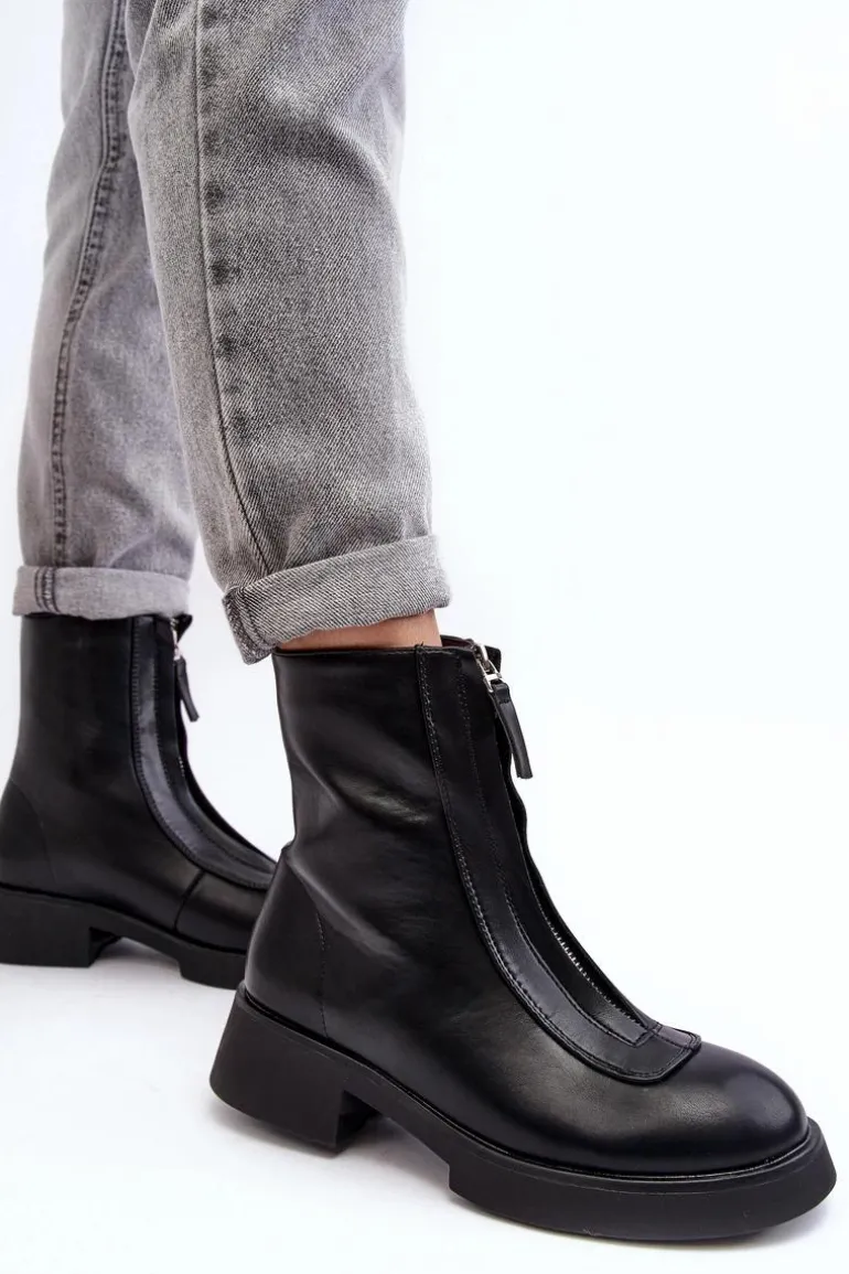 Damskie Botki Na Płaskim Obcasie Z Suwakiem Czarne Elkasa