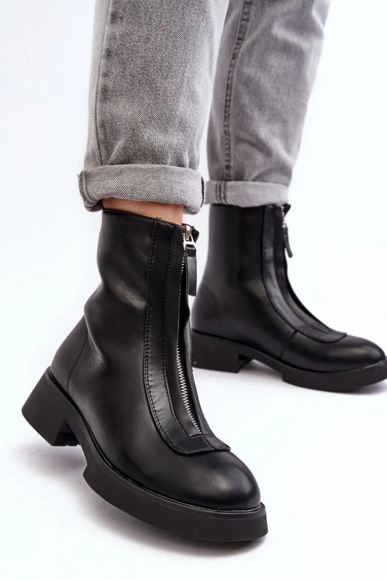 Damskie Botki Na Płaskim Obcasie Z Suwakiem Czarne Elkasa