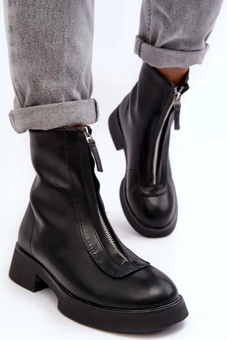 Damskie Botki Na Płaskim Obcasie Z Suwakiem Czarne Elkasa