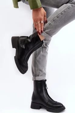 Damskie Botki Na Płaskim Obcasie Z Suwakiem Czarne Elkasa