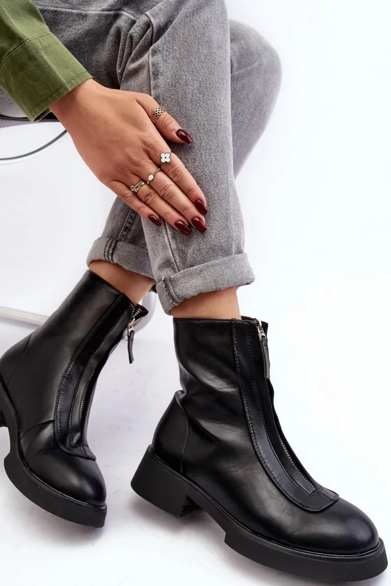 Damskie Botki Na Płaskim Obcasie Z Suwakiem Czarne Elkasa