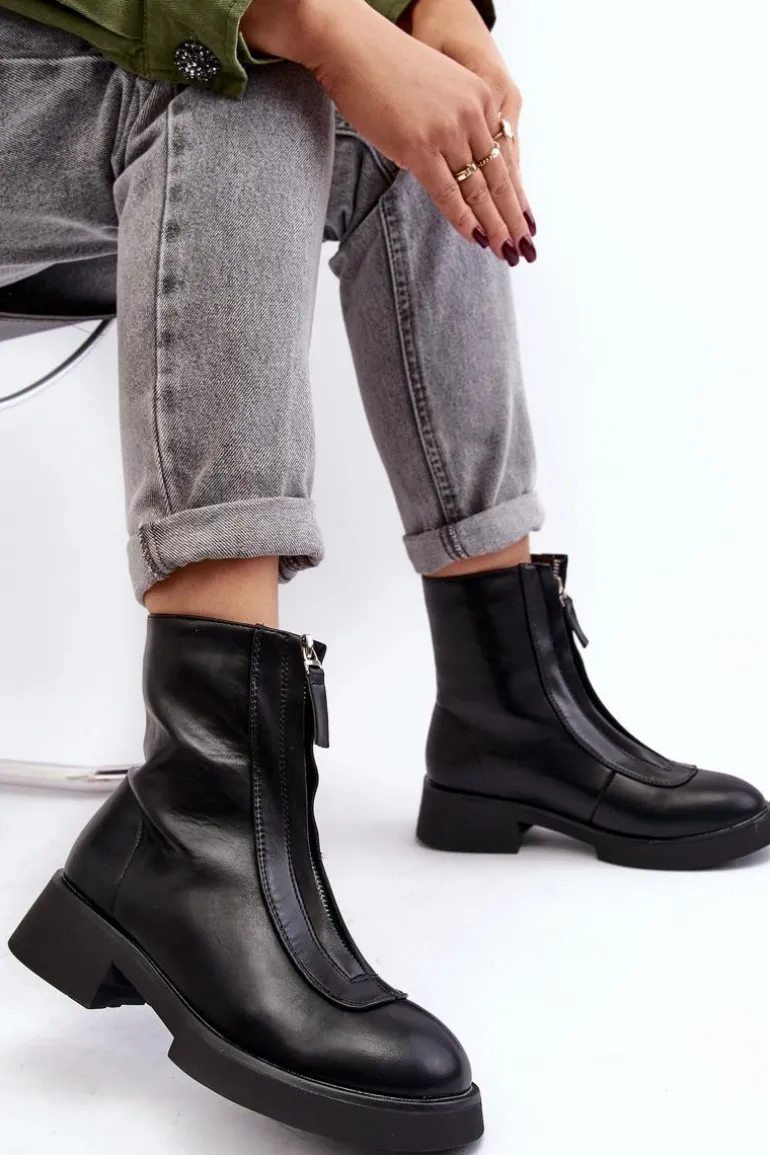 Damskie Botki Na Płaskim Obcasie Z Suwakiem Czarne Elkasa