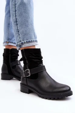 Damskie Botki Na Płaskim Obcasie Z Klamrą Czarne Cillolis