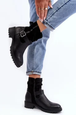 Damskie Botki Na Płaskim Obcasie Z Klamrą Czarne Cillolis