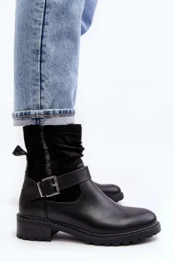 Damskie Botki Na Płaskim Obcasie Z Klamrą Czarne Cillolis