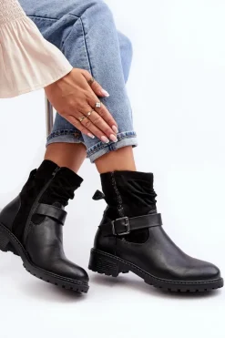 Damskie Botki Na Płaskim Obcasie Z Klamrą Czarne Cillolis
