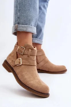 Damskie Botki Na Płaskim Obcasie Z Paskami Beżowe Melviana