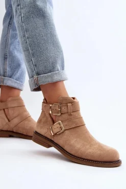 Damskie Botki Na Płaskim Obcasie Z Paskami Beżowe Melviana