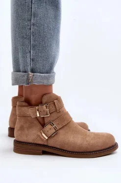 Damskie Botki Na Płaskim Obcasie Z Paskami Beżowe Melviana