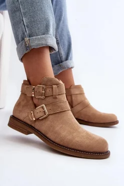 Damskie Botki Na Płaskim Obcasie Z Paskami Beżowe Melviana