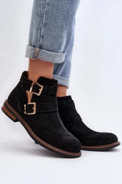 Damskie Botki Na Płaskim Obcasie Z Paskami Czarne Melviana