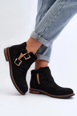 Damskie Botki Na Płaskim Obcasie Z Paskami Czarne Melviana